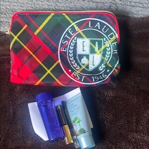 Estee Lauder Plaid Cosmetic Bag with Skincare and Makeup